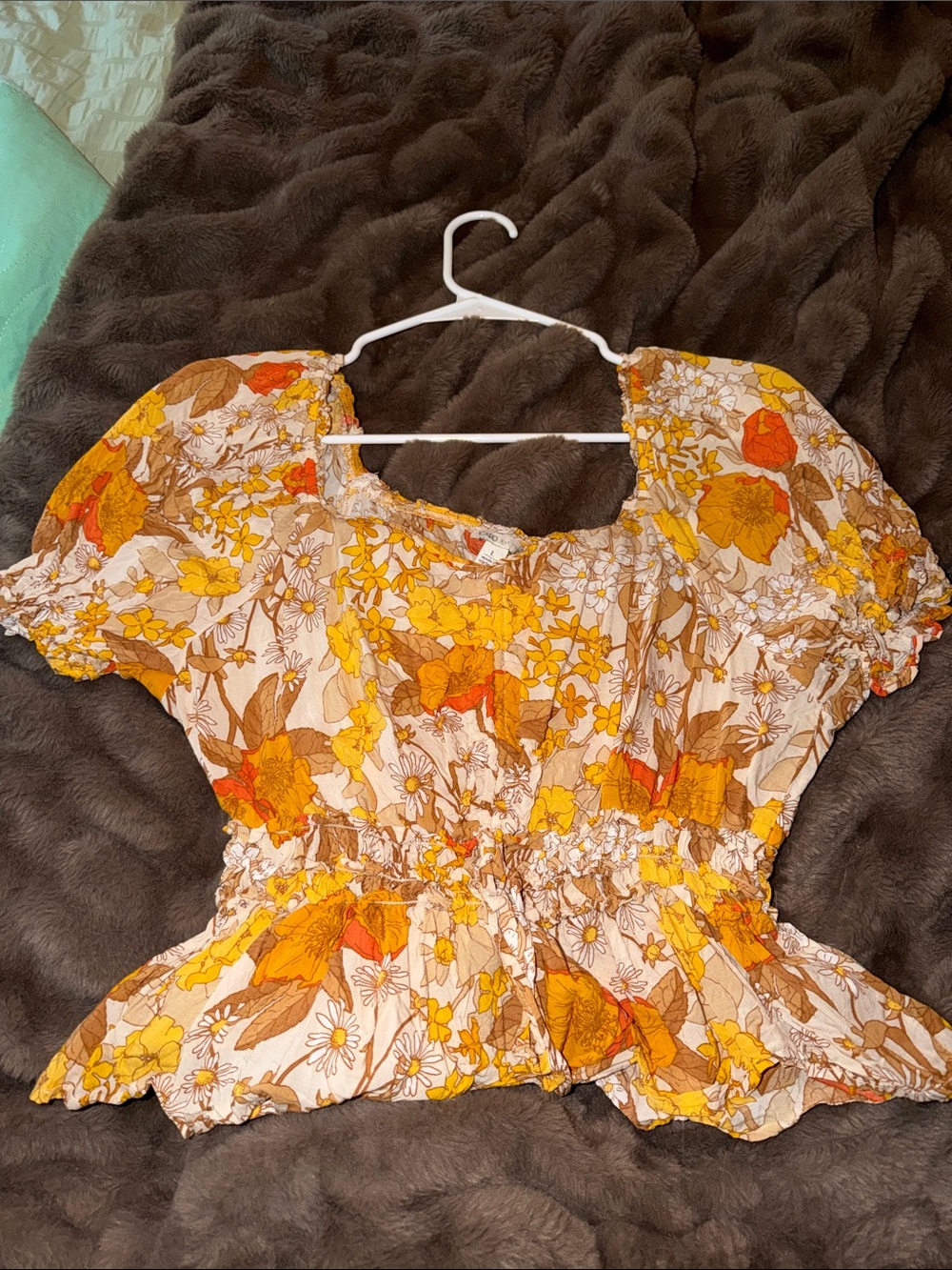 Cato Yellow and Brown Floral Puff-Sleeve Peplum Top